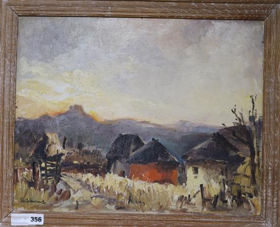 Philip Barncombe, oil on canvas, Native huts, signed 40 x 50cm